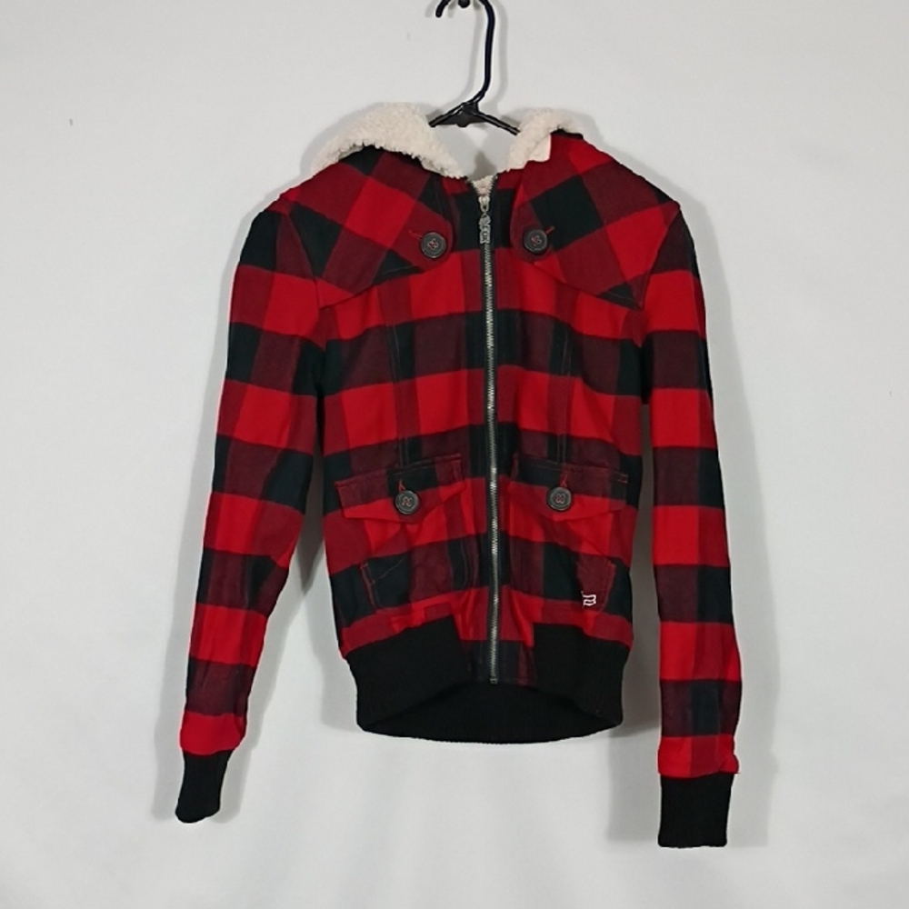 EUC Fox Girls Racing Jacket Buffalo Plaid Full Zip Hooded Coat US Size Small